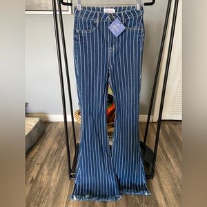 High Rise Stripe Frayed Hem Flare Jean